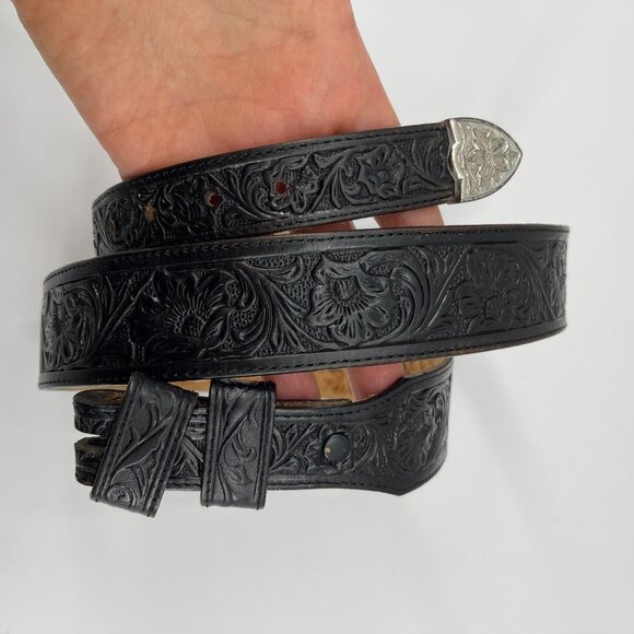 Eagle Leather Works Vintage Men's 40 Black Tooled Floral Embossed Western Belt - Picture 2 of 13